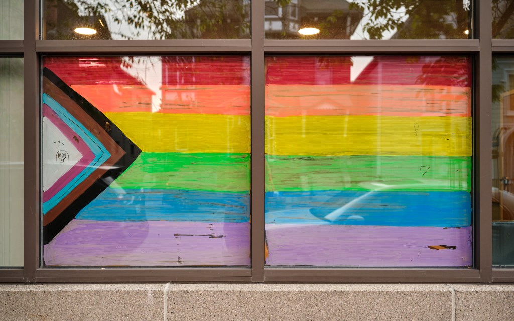 Painting of the Progress Pride Flag by Daniel Quasar in the window of a building